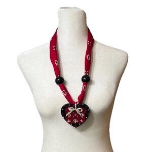 Red and Black Heart Pendant Necklace with Bandana Cord
